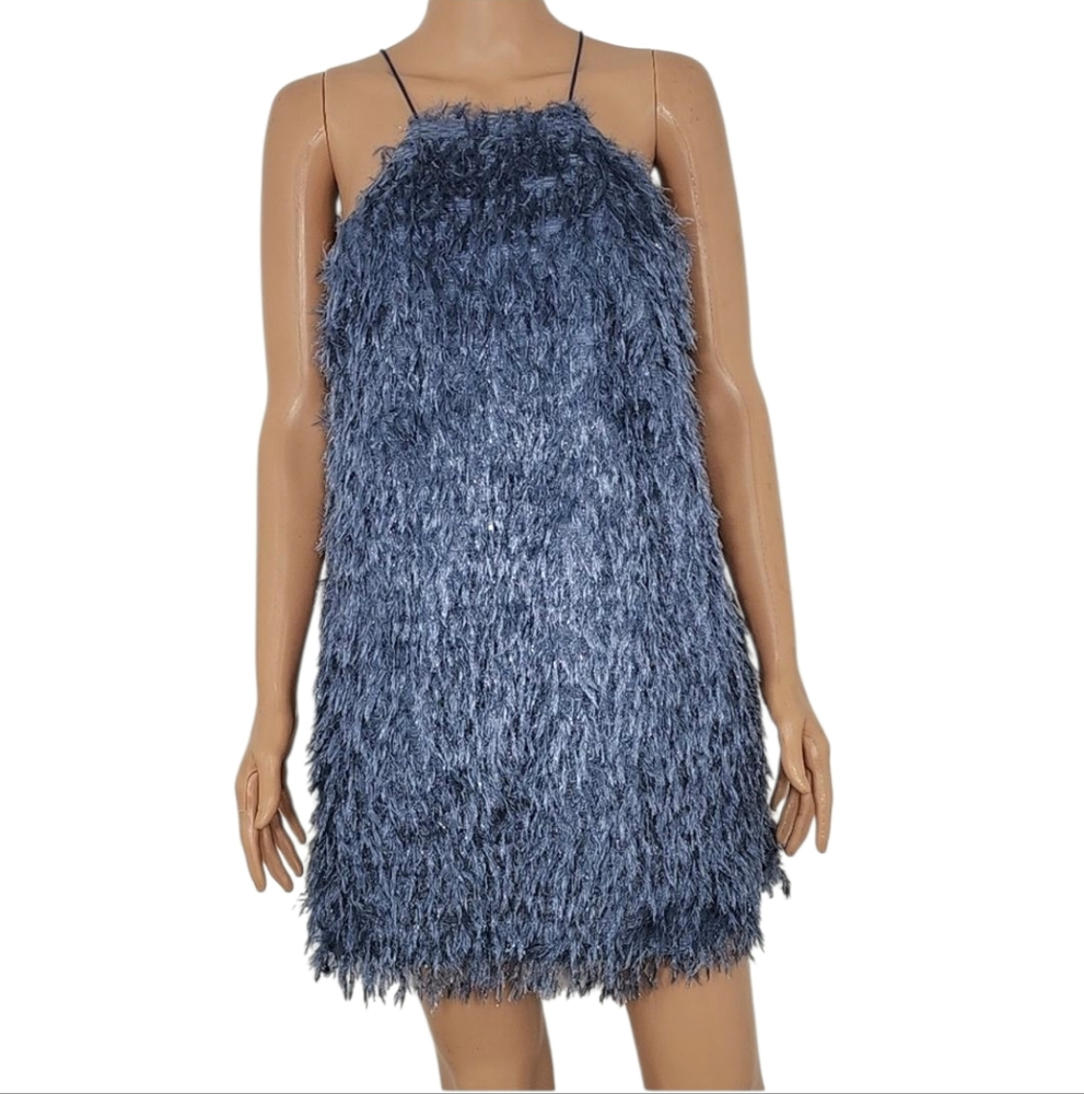TCEC Feather Shimmer Halter Shift Mini Dress Lined Blue Size Small  NWT Stylish‎